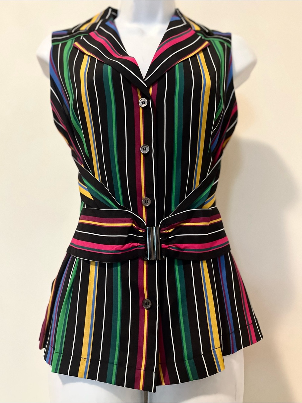 NEW PER SE CARLISLE Sleeveless Belted Multicolor Stripe Button-Front Top Blouse